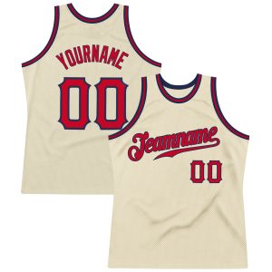 Cream Red-Navy Authentic Throwback Personalized Basketball Jersey