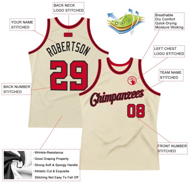 Cream Red-Black Authentic Throwback Personalized Basketball Jersey - Image 2
