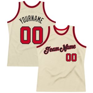 Cream Red-Black Authentic Throwback Personalized Basketball Jersey