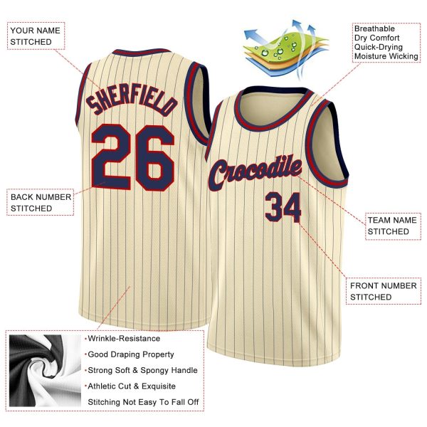 Cream Navy Pinstripe Navy-Red Authentic Personalized Basketball Jersey - Image 2