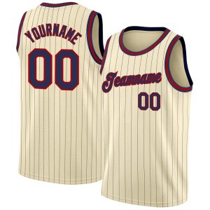 Cream Navy Pinstripe Navy-Red Authentic Personalized Basketball Jersey
