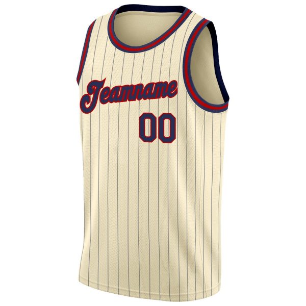 Cream Navy Pinstripe Navy-Red Authentic Personalized Basketball Jersey - Image 5