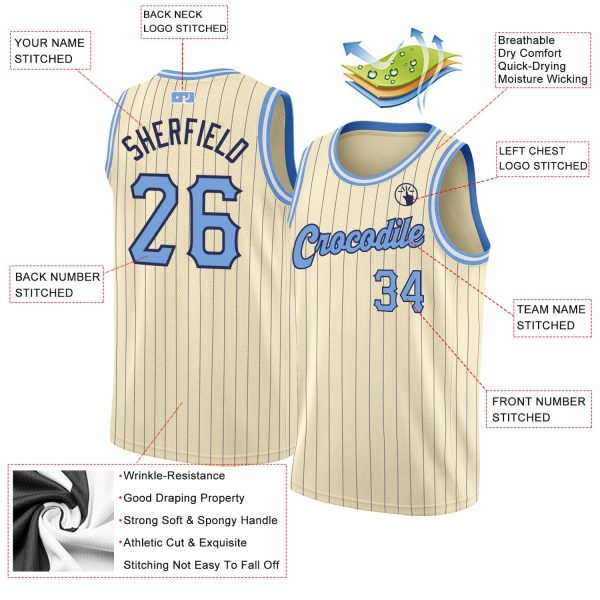 Cream Navy Pinstripe Light Blue-Black Authentic Personalized Basketball Jersey - Image 2