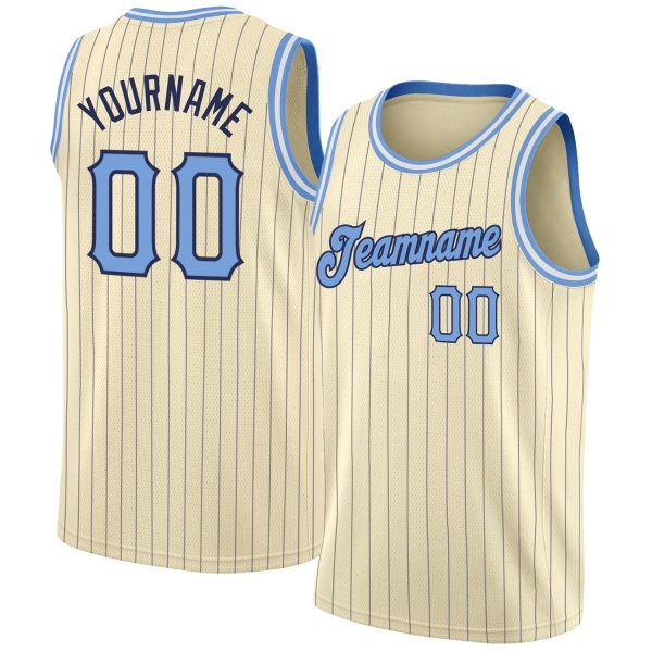 Cream Navy Pinstripe Light Blue-Black Authentic Personalized Basketball Jersey