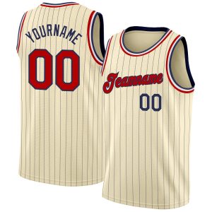 Cream Navy Pinstripe Red-Black Authentic Personalized Basketball Jersey