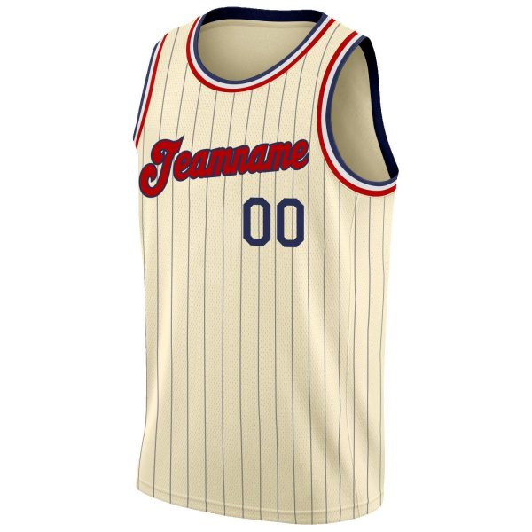 Cream Navy Pinstripe Red-Black Authentic Personalized Basketball Jersey - Image 5