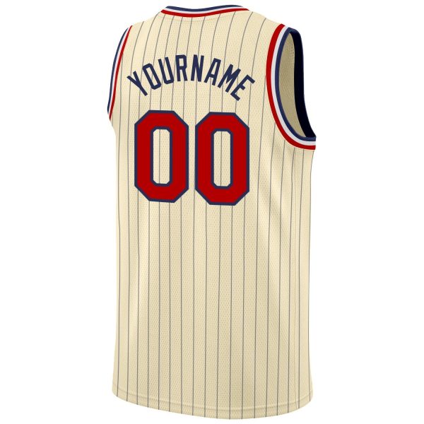 Cream Navy Pinstripe Red-Black Authentic Personalized Basketball Jersey - Image 6