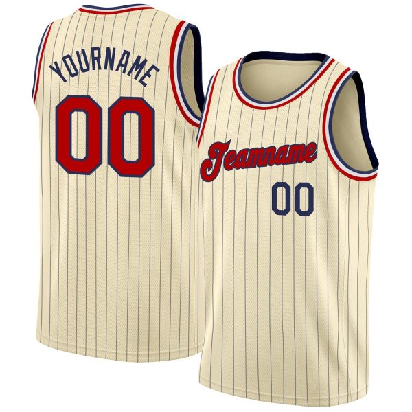 Cream Navy Pinstripe Red-Black Authentic Personalized Basketball Jersey