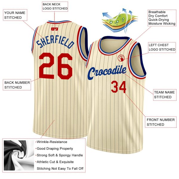 Cream Black Pinstripe Red-Royal Authentic Personalized Basketball Jersey - Image 2