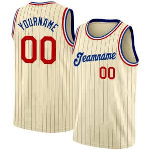 Cream Black Pinstripe Red-Royal Authentic Personalized Basketball Jersey