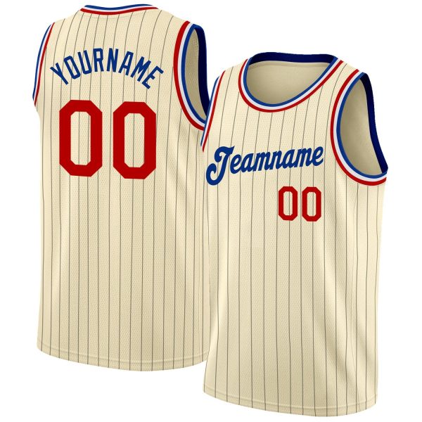 Cream Black Pinstripe Red-Royal Authentic Personalized Basketball Jersey
