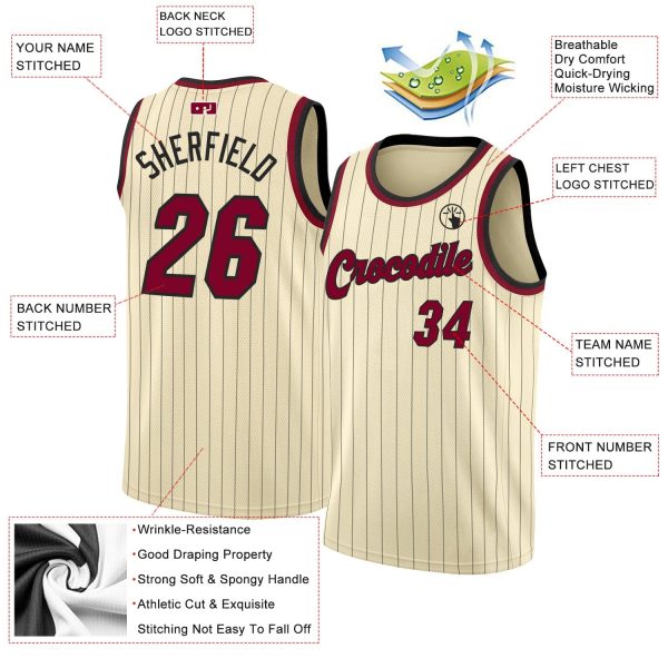 Cream Black Pinstripe Maroon-Black Authentic Personalized Basketball Jersey - Image 2