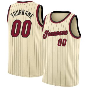 Cream Black Pinstripe Maroon-Black Authentic Personalized Basketball Jersey