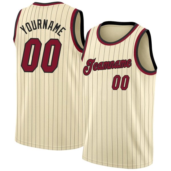Cream Black Pinstripe Maroon-Black Authentic Personalized Basketball Jersey