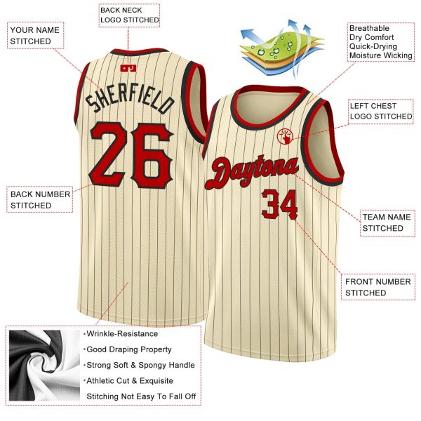Cream Black Pinstripe Red-Black Authentic Personalized Basketball Jersey - Image 2