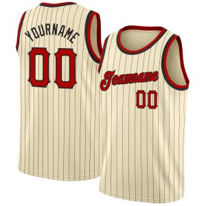 Cream Black Pinstripe Red-Black Authentic Personalized Basketball Jersey