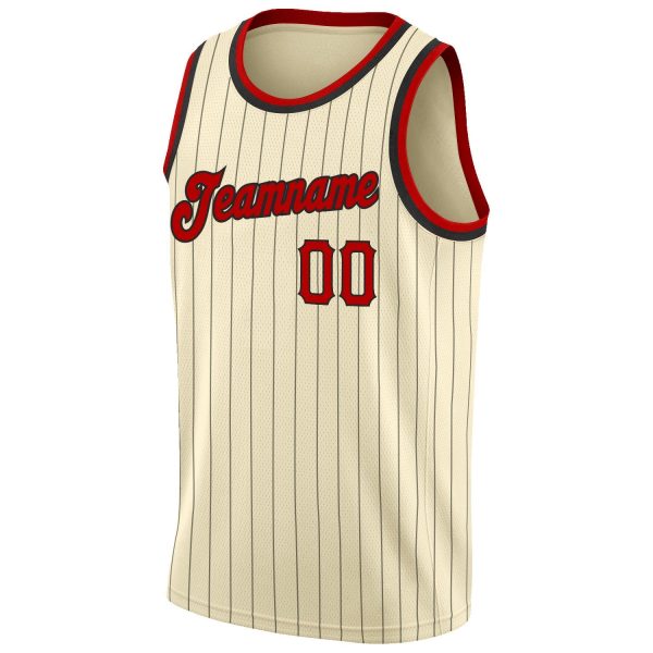 Cream Black Pinstripe Red-Black Authentic Personalized Basketball Jersey - Image 5