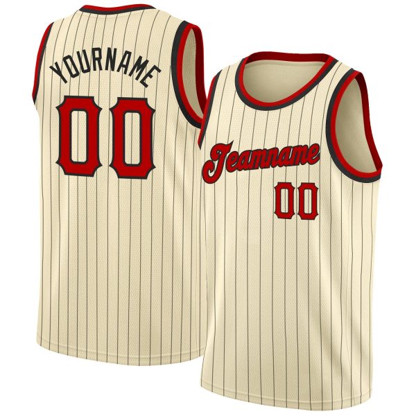 Cream Black Pinstripe Red-Black Authentic Personalized Basketball Jersey