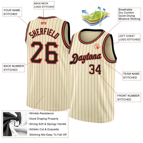 Cream Black Pinstripe Black-Orange Authentic Personalized Basketball Jersey - Image 2