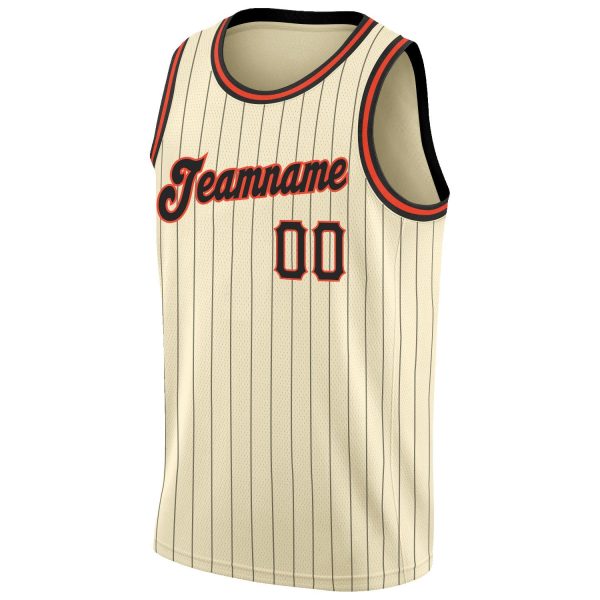 Cream Black Pinstripe Black-Orange Authentic Personalized Basketball Jersey - Image 5