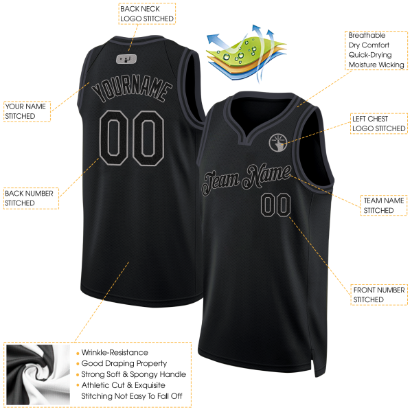 Black Black - Gray Custom Throwback Basketball Jersey - Image 2