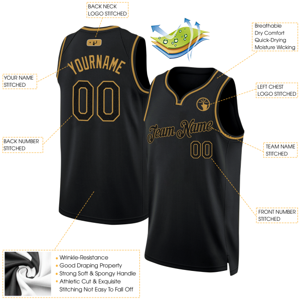 Black Black - Old Gold Custom Throwback Basketball Jersey - Image 2