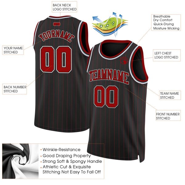 Black Red Pinstripe Red - White Personalized Basketball Jersey - Image 2