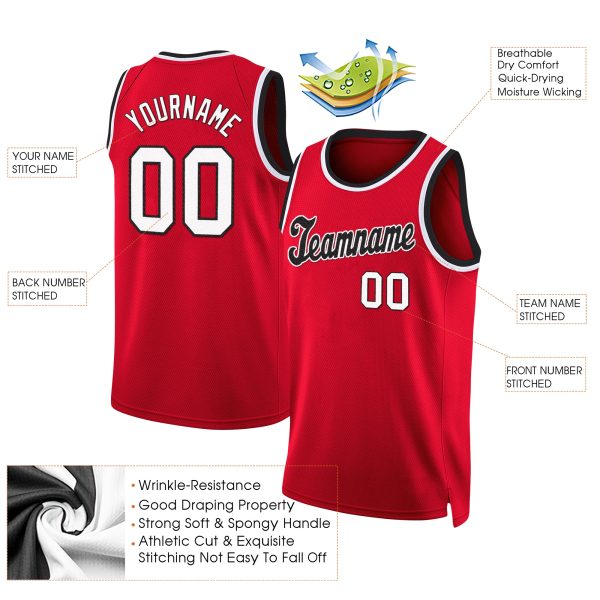 Red White - Black Round Neck Rib - Knit Personalized Basketball Jersey - Image 2