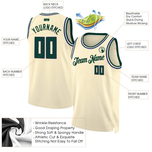 Cream Hunter Green - Royal Custom Throwback Basketball Jersey - Image 2