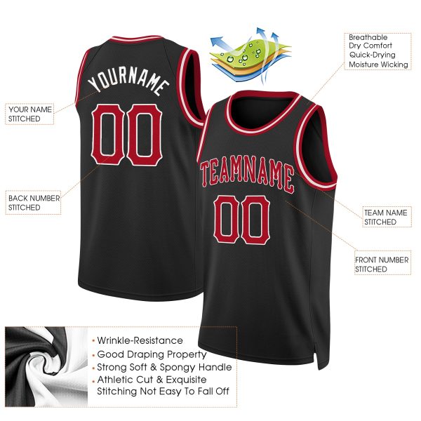 Black Red - White Round Neck RIb - Knit Personalized Basketball Jersey - Image 2