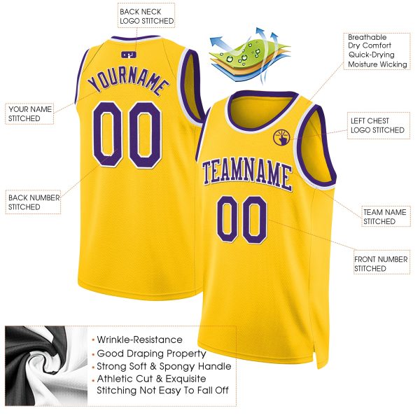 Gold Purple - White Throwback Personalized Basketball Jersey - Image 2