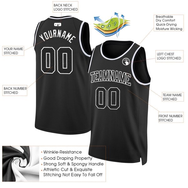 Black Black - White Custom Throwback Basketball Jersey - Image 2
