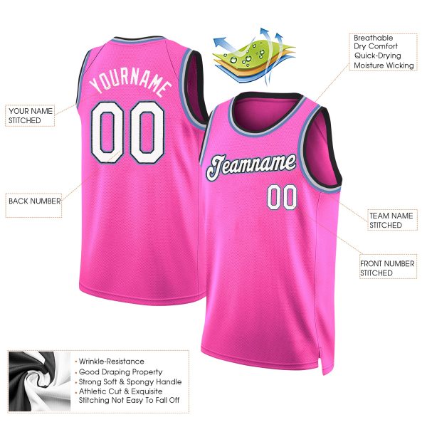 Pink White - Light Blue Round Neck Rib - Knit Personalized Basketball Jersey - Image 2
