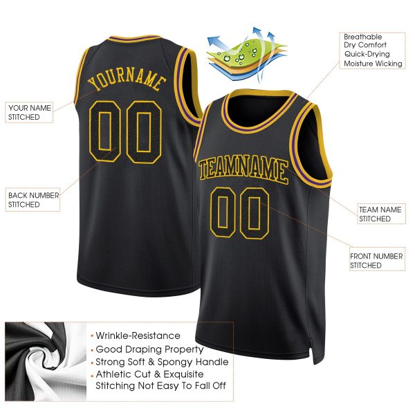 Black Black - Gold Round Neck Rib - Knit Personalized Basketball Jersey - Image 2