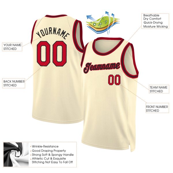 Cream Red - Black Round Neck Rib - Knit Personalized Basketball Jersey - Image 2
