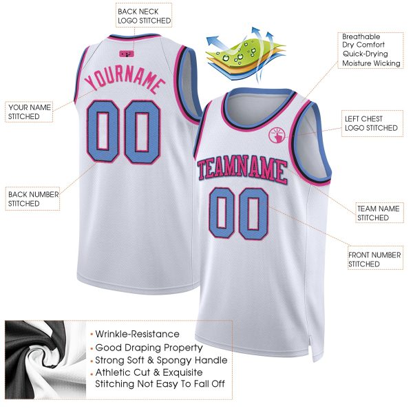White Light Blue - Pink Custom Throwback Basketball Jersey - Image 2