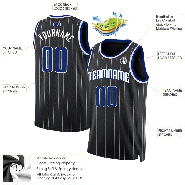 Black White Pinstripe Royal - White Personalized Basketball Jersey - Image 2