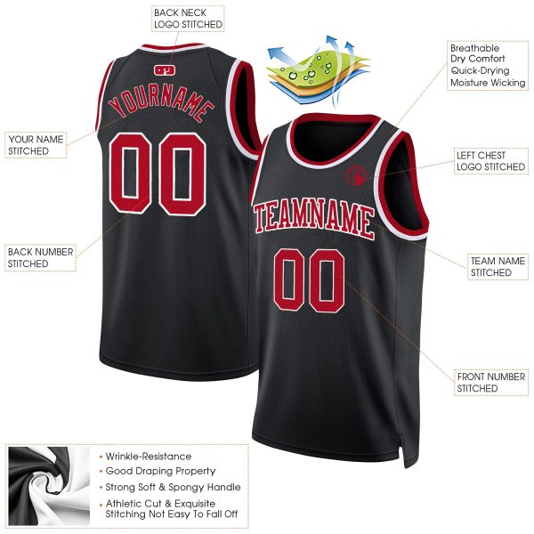 Black Red - White Custom Throwback Basketball Jersey - Image 2