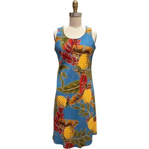 Hawaiian Retro Pineapple Morning Blue Button Front Tank Dress