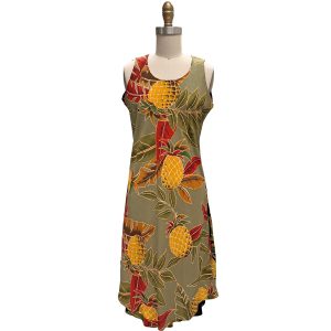 Hawaiian Retro Pineapple Olive Button Front Tank Dress