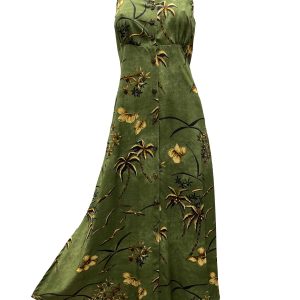 Hawaiian Retro Oasis Palms Moss Button Front Tank Dress