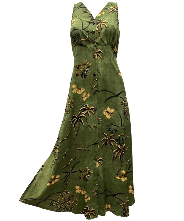 Hawaiian Retro Oasis Palms Moss Button Front Tank Dress