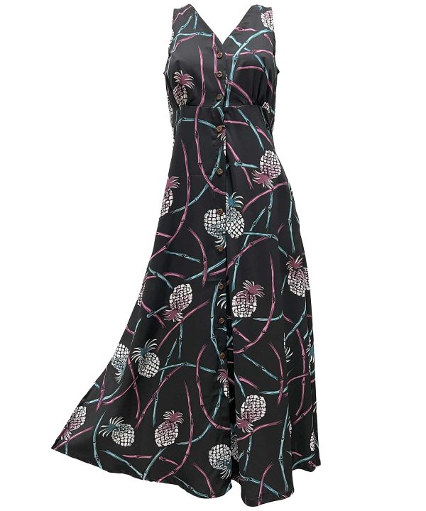 Hawaiian Retro Pineapple Bamboo Island Night Button Front Tank Dress