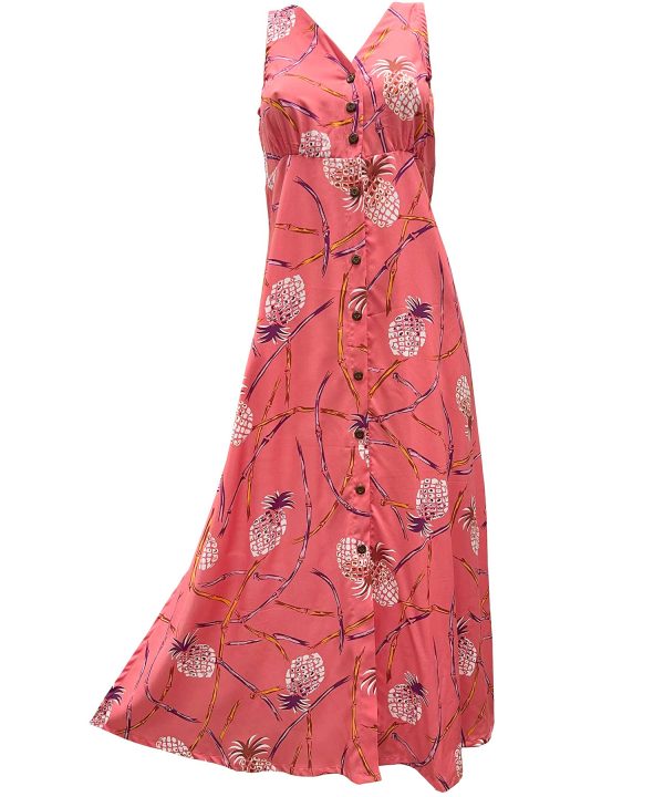 Hawaiian Retro Pineapple Bamboo Coral Button Front Tank Dress