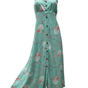 Hawaiian Retro Pineapple Bamboo Sea Foam Button Front Tank Dress