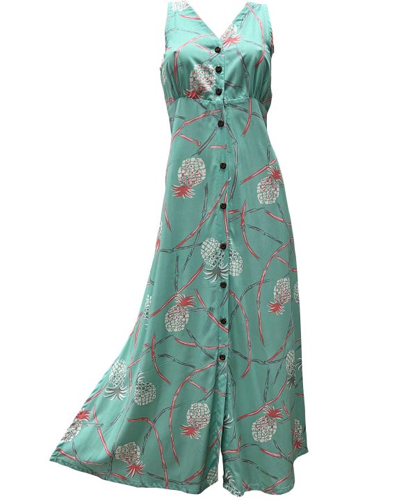 Hawaiian Retro Pineapple Bamboo Sea Foam Button Front Tank Dress