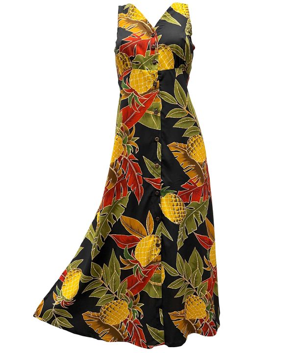Hawaiian Retro Pineapple Midnight Button Front Tank Dress