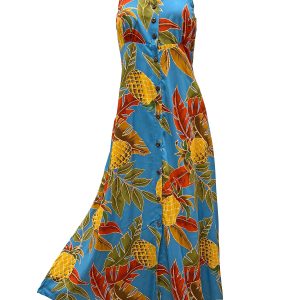 Hawaiian Retro Pineapple Morning Blue Button Front Tank Dress