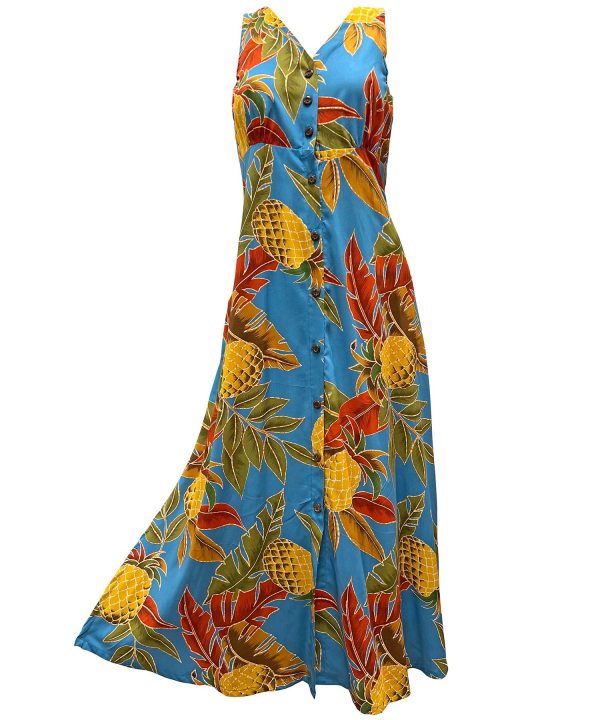 Hawaiian Retro Pineapple Morning Blue Button Front Tank Dress