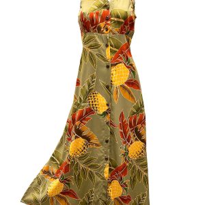 Hawaiian Retro Pineapple Olive Button Front Tank Dress